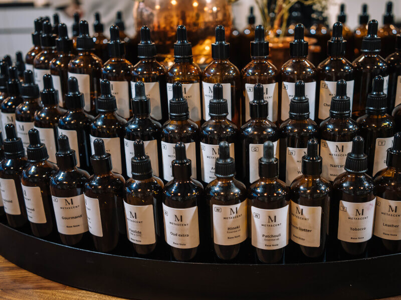 A set of essentail oils in dropper bottles to be used to make a DIY perfume.